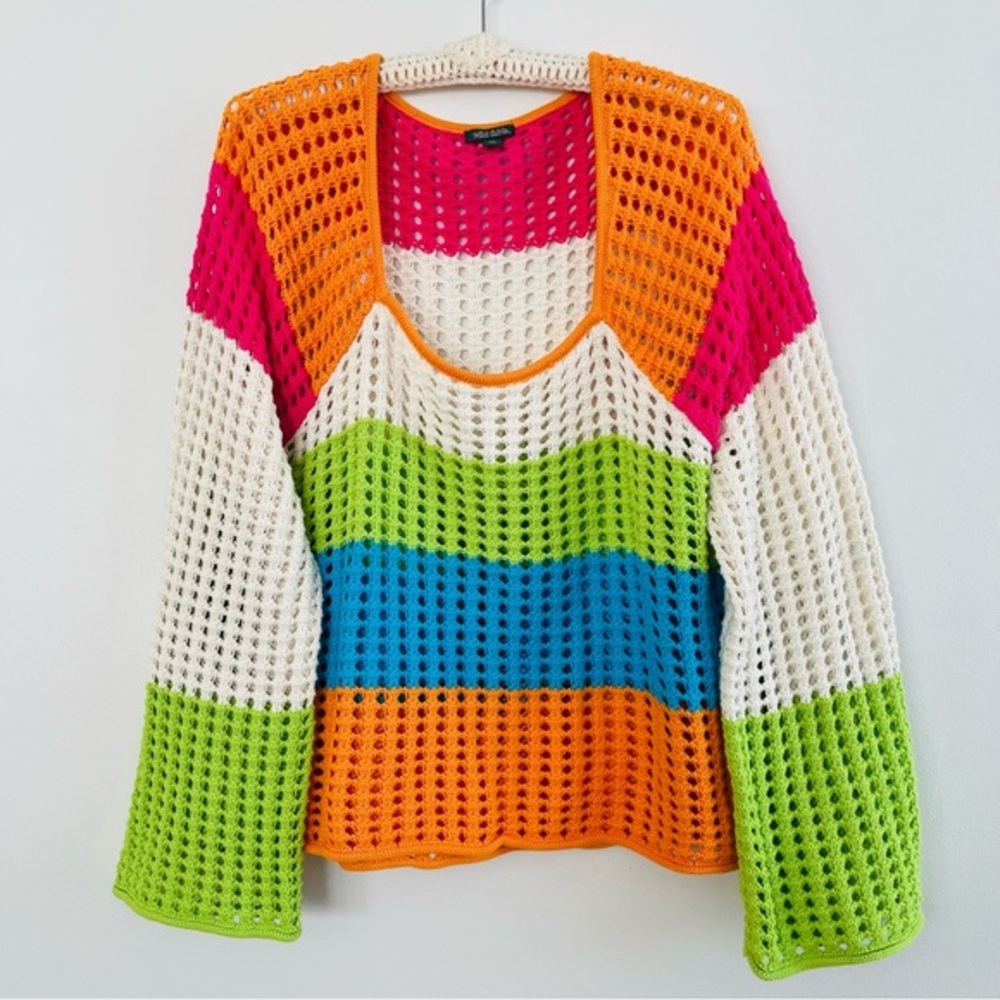 [Wild Fable] Crochet Square Neck Wide Sleeve Cotton Color Block Sweater